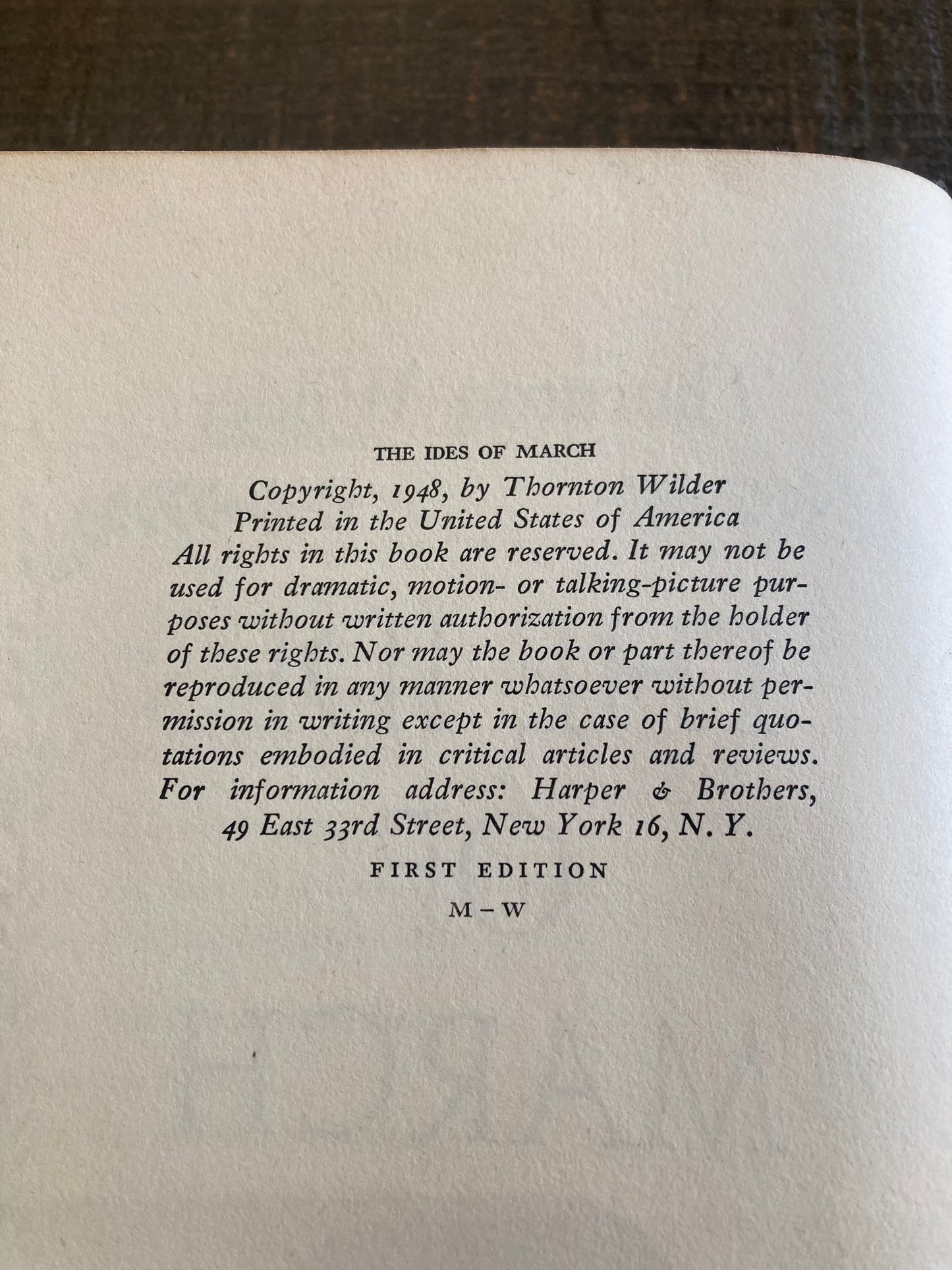 The Ides of March by Thornton Wilder, 1st Edition